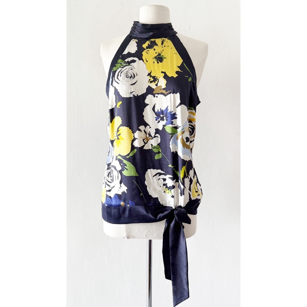 Cache Silk High Neck Halter Floral Waist Tie Blouse Top Size Medium